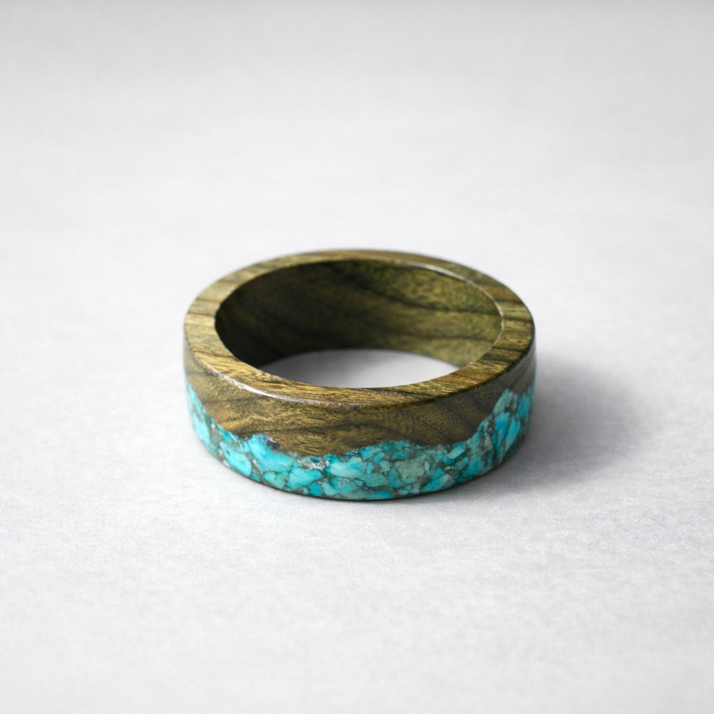 Golden Nanmu Wooden Ring With Turquoise Mountain Design