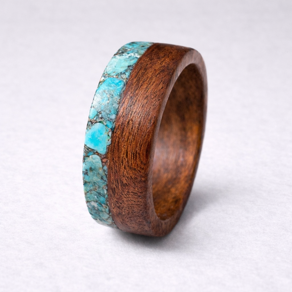 Yellow Sandalwood Ring Turquoise Inlay Design